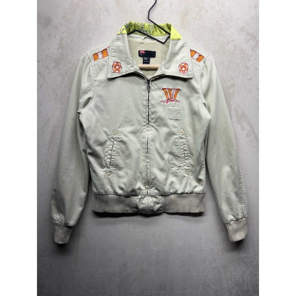 VTG Y2K Diesel Avant Garde Bomber Jacket Womens Small Military Beige Embroidered